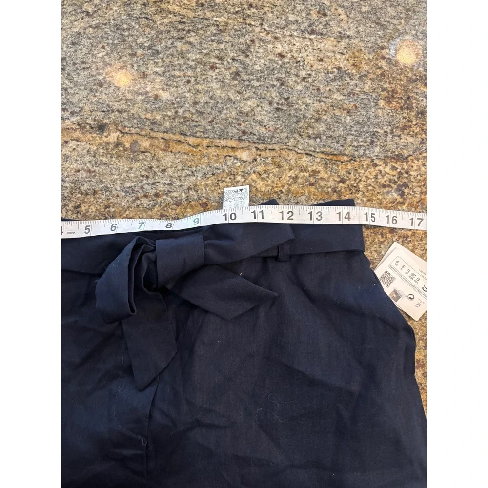 NWT Zara Linen Blend Cargo Pants Tie Waist Relaxed Fit Cropped Blue‎ Small